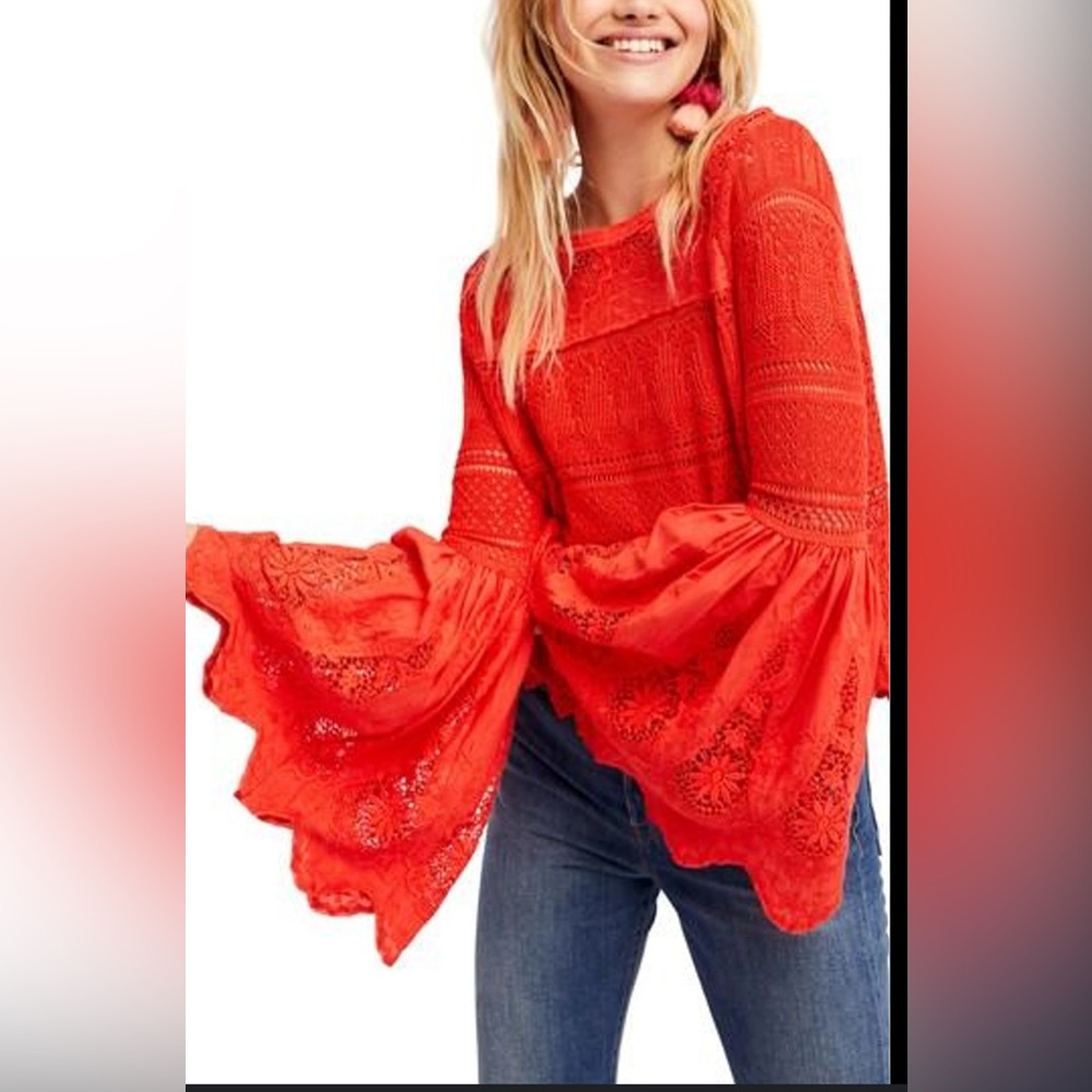 Free People Once Upon a Time Small Lace Crochet Bell Sleeve Top
